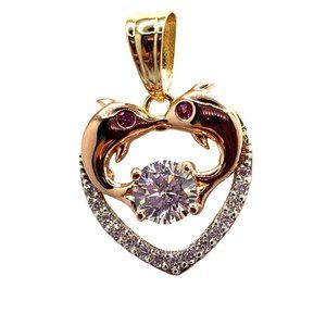 14k yellow Gold Two Dolphins CZ Necklace